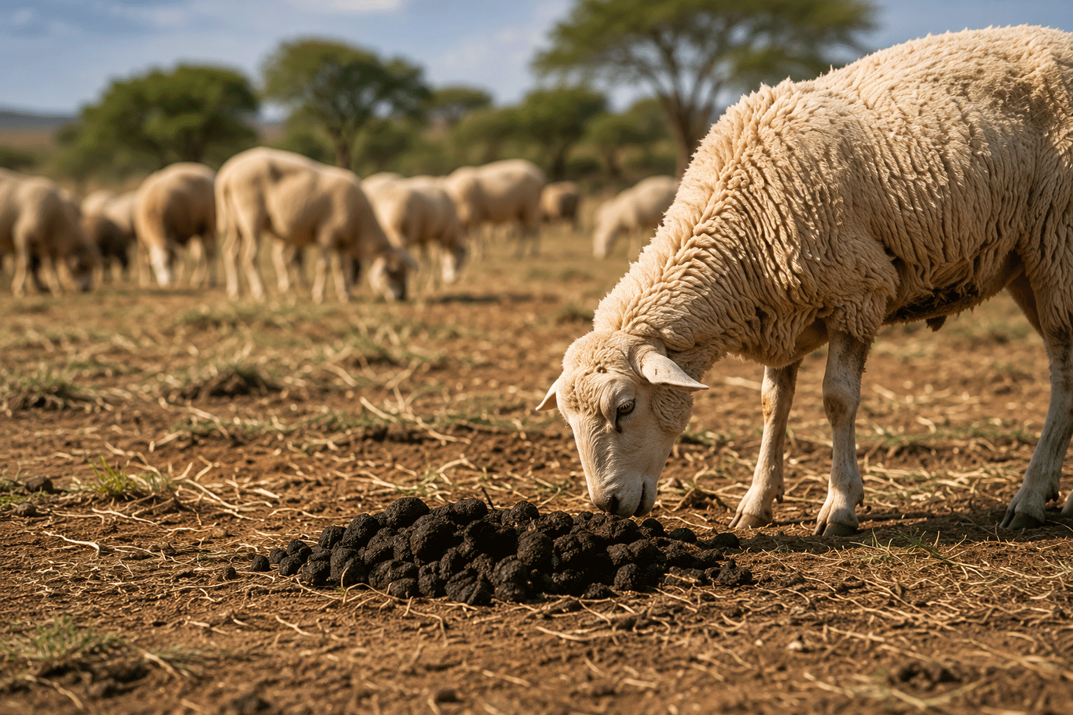 Sheep showing pica disease eating wool and soil in Africa